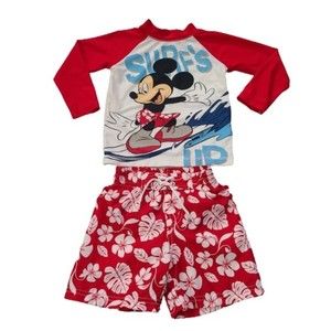 Disney Mickey Mouse Surfs Up Boys Long Sleeve Rashguard and Swim Trunks Sz 18m
